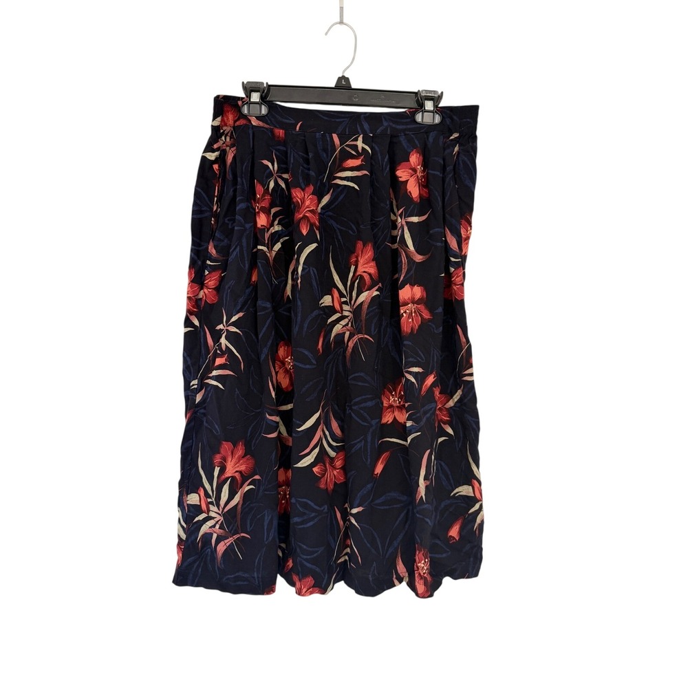 Sag Harbor Tropical Floral Midi Skirt Navy Red Rayon Elastic Waistโ Pockets L